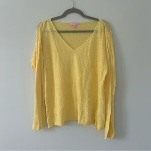 Lilly Pulitzer Taryn Yellow V Neck Linen Knit Pullover Light Sweater L